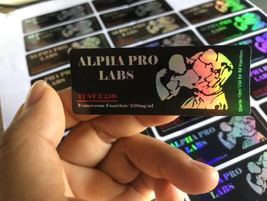 برچسب‌های 10 میلی‌لیتری تست E 250 لیزر متریال با لوگوی مرد عضلانی