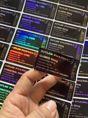 برچسب‌های بطری پلاستیکی سفارشی Clomid 50mg  برچسب‌ها با چاپ کلمات لیزری با پس‌زمینه مشکی