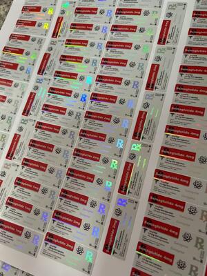 برچسب‌های ویال کوچک سِماگلوتاید 1 میلی‌گرم، 5x2 سانتی‌متر، افکت لیزری هولوگرام، ویال‌های 2 میلی‌لیتری و 3 میلی‌لیتری